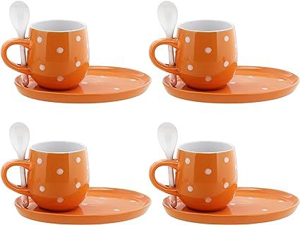 Servette Home Polka Dot Coffee Cups with Oblong Plate Dessert Set of 4 Orange - 11oz | Amazon (US)