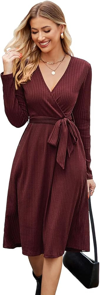Newshows Womens 2024 Fall Sweater Dress Long Sleeve Business Casual Outfits V Neck Ribbed Knit Be... | Amazon (US)