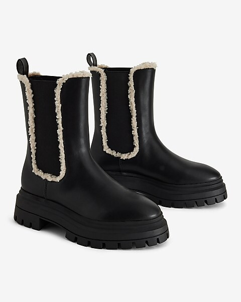 Shearling Tipped Gore Lug Sole Ankle Boots | Express