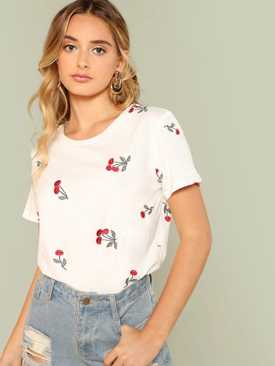 Cherry Embroidered T-shirt | SHEIN