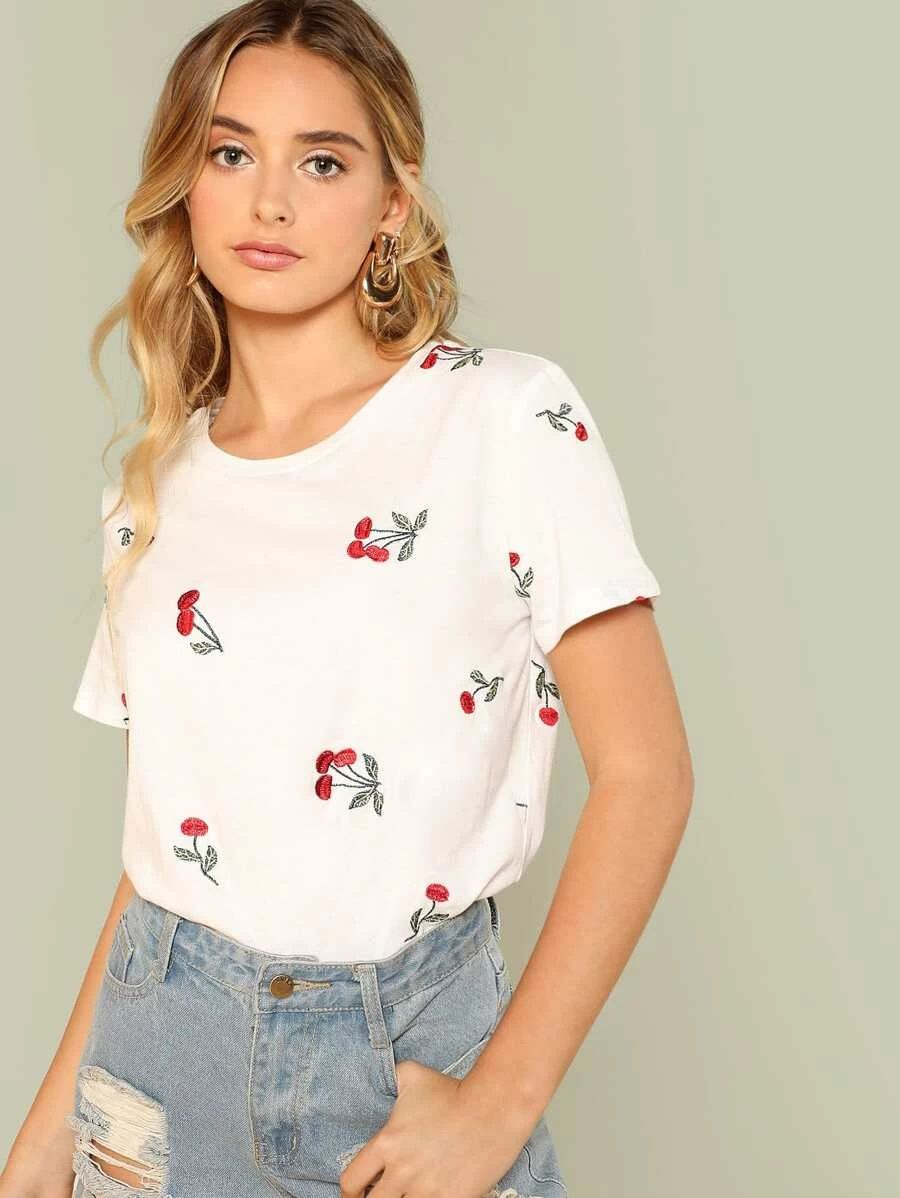 Cherry Embroidered T-shirt | SHEIN