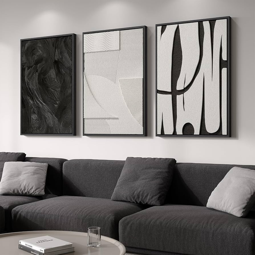 Large 3D Textured Framed Black and White Abstract Wall Art for Living Room, 3 Piece Modern Artwor... | Amazon (US)