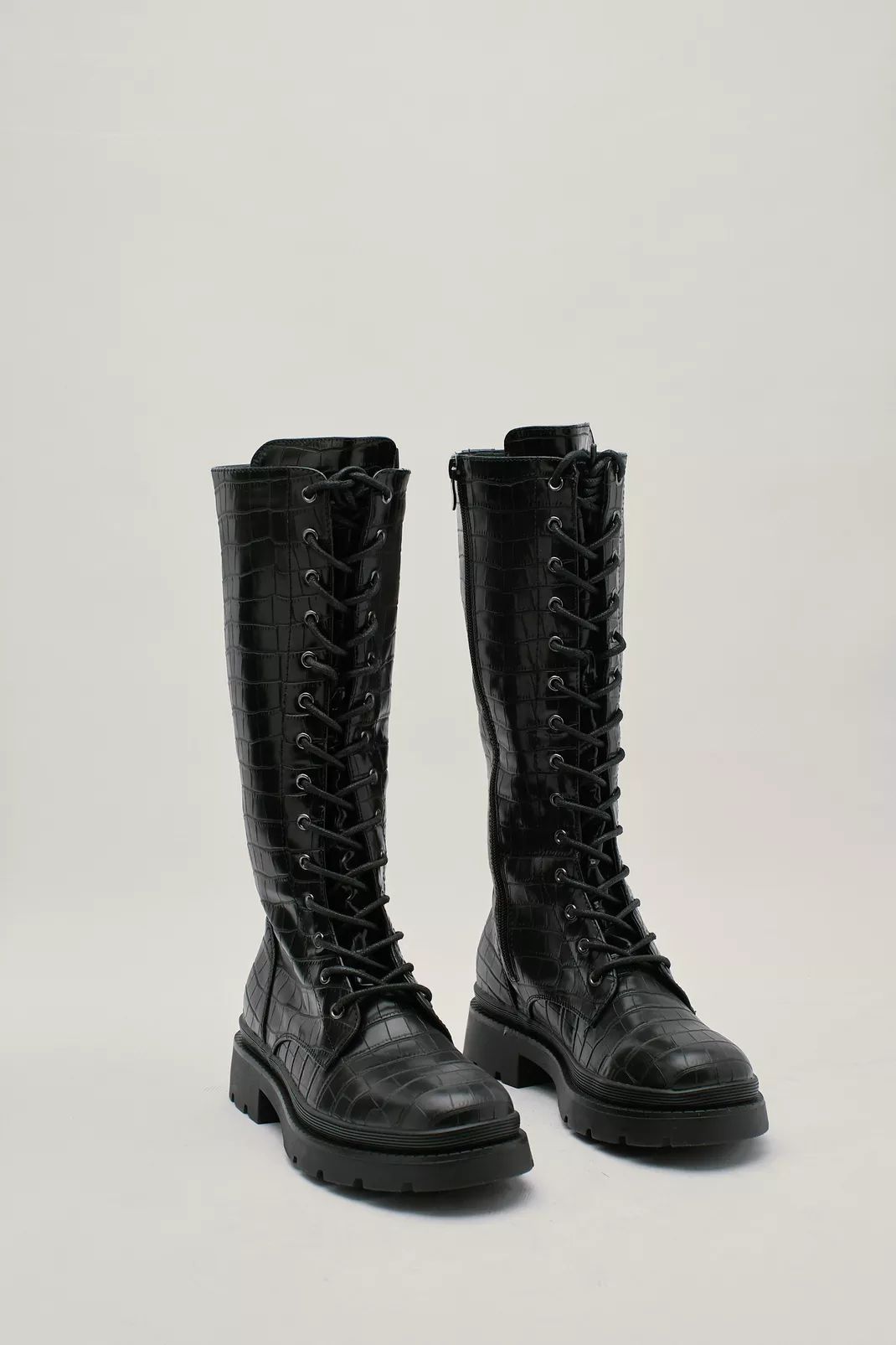 Faux Leather Calf High Croc Biker Boots | NastyGal (UK, IE)