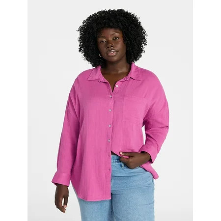 Terra & Sky Women s Plus Size Double Cloth Boyfriend Shirt Sizes 0X-5X | Walmart (US)