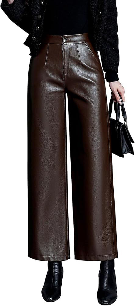 HaoMay Women's Faux Leather Pants Straight Wide Leg PU Trousers with Pockets | Amazon (US)