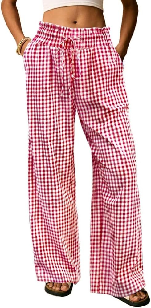 Women's Gingham Striped Pajamas Pants Wide Leg Cotton Pj Bottoms Elastic Waist Casual Trousers wi... | Amazon (US)