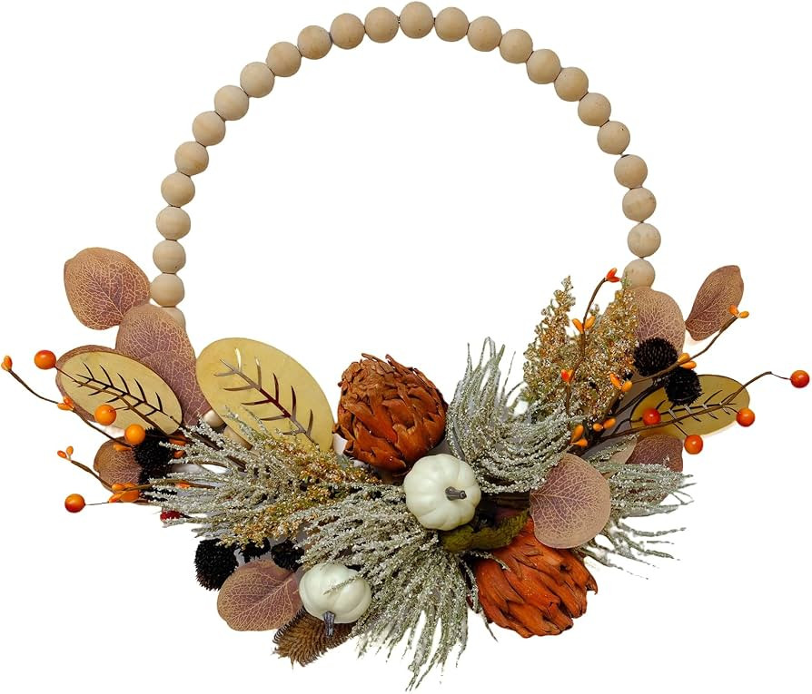 TEMPUS 16" Artificial Fall Wooden Beads Wreath with Leaves, Chrysanthemums & Mini Pumpkins - Hand... | Amazon (US)