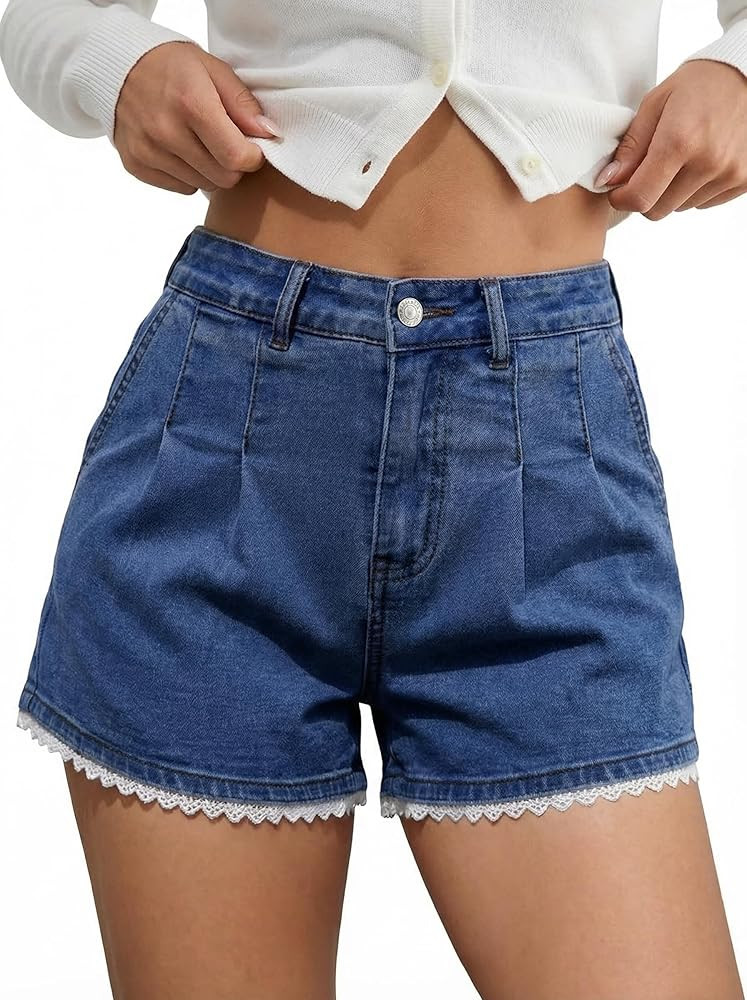 Dokotoo Womens Jean Shorts Scalloped Lace Trim High Waist Denim Shorts Pleated Stretchy Wide Leg ... | Amazon (US)