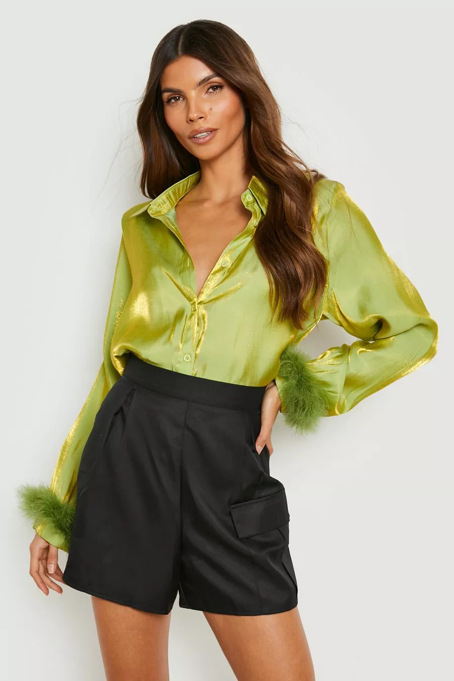 Green Shimmer Oversized Feather Shirt | Boohoo.com (UK & IE)