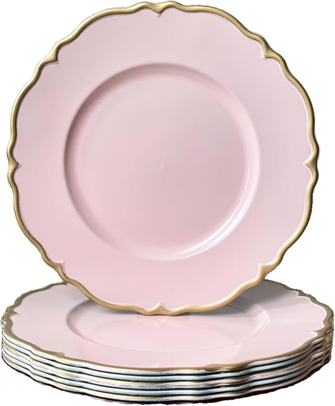 Pink scalloped charger plates with Gold rim, 13" Round Chargers for Dinner Plates, Set of 6 Plast... | Amazon (US)