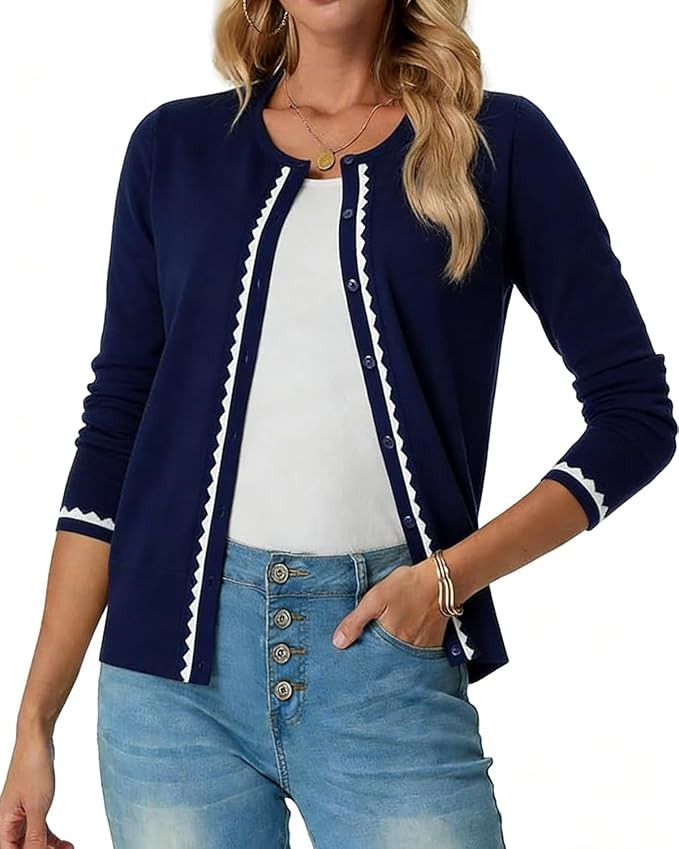 Women's Cardigan Sweater Color Block Long Sleeve Crew Neck Knit Cardigan Trendy Cropped Cardigan ... | Amazon (US)