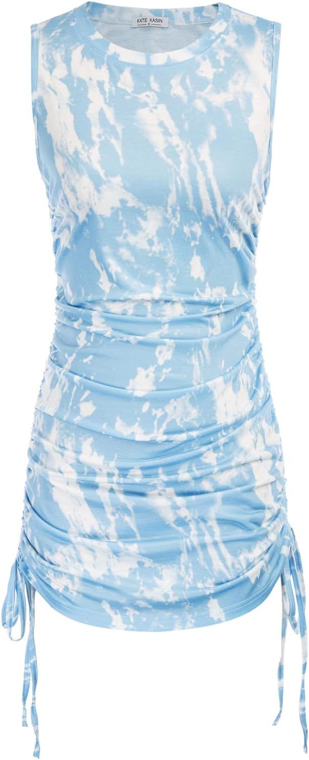 Kate Kasin Women Tie Dye Drawstring Bodycon Mini Dress Sleeveless Ruched Side Lace Up Dresses | Amazon (US)