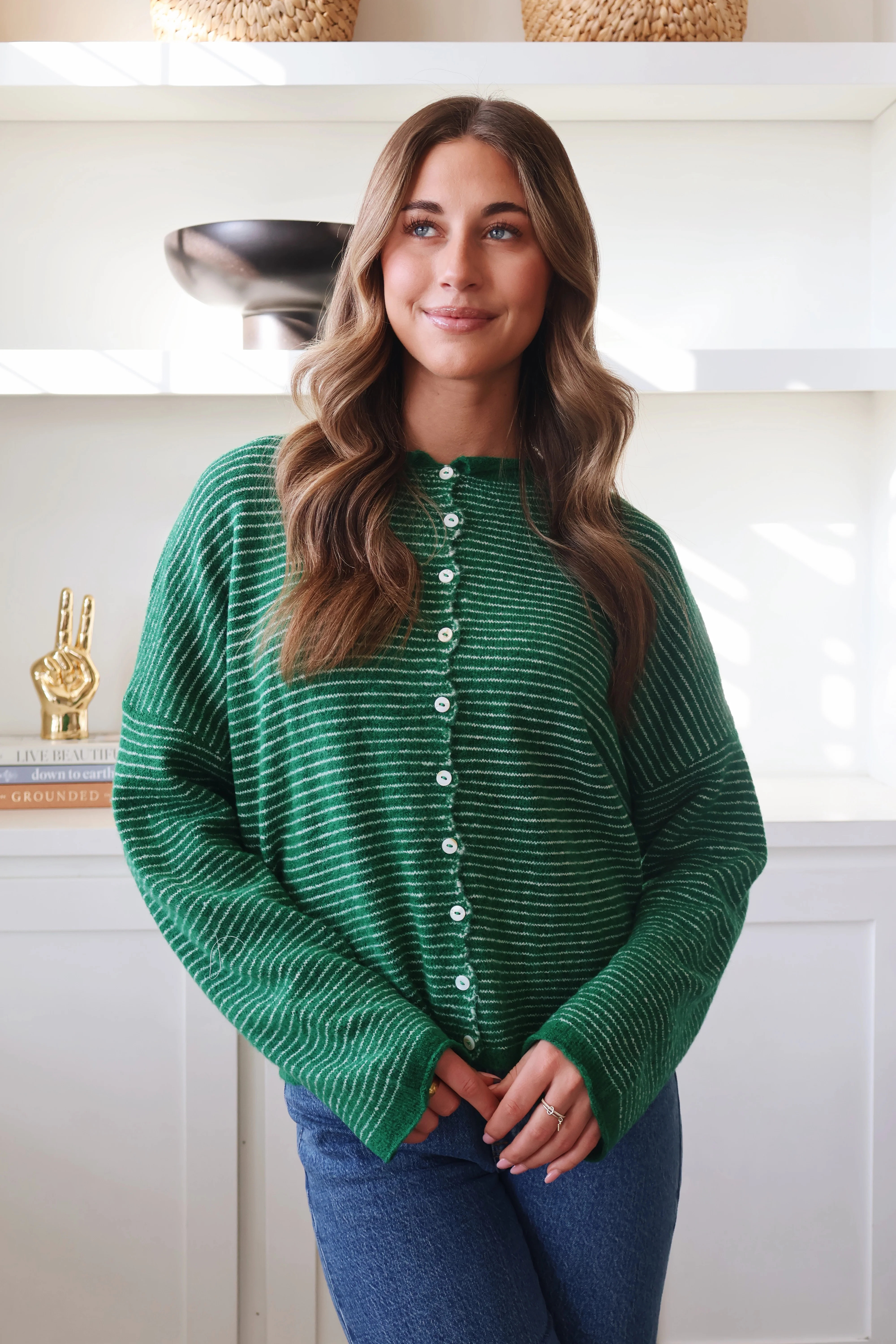 Piper Cardigan in Kelly Green Pinstripe | Henly