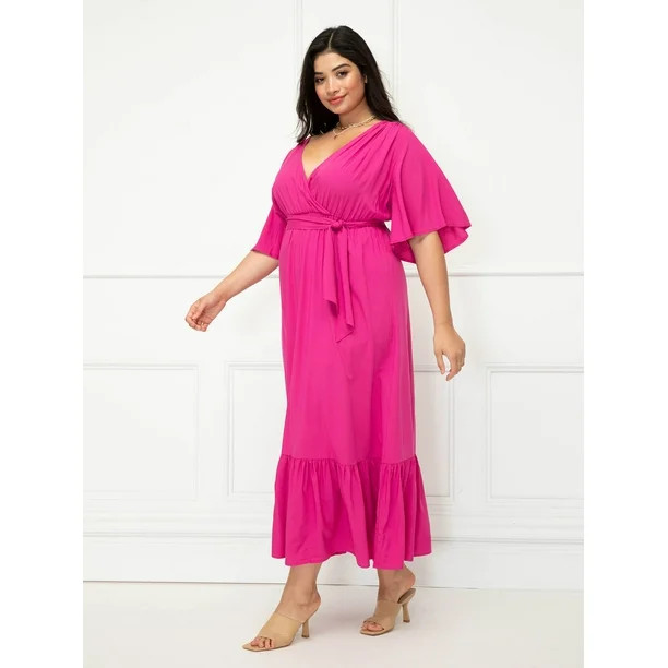 ELOQUII Elements Women's Plus Size Maxi Dress with Flutter Sleeves and Tie Neck - Walmart.com | Walmart (US)