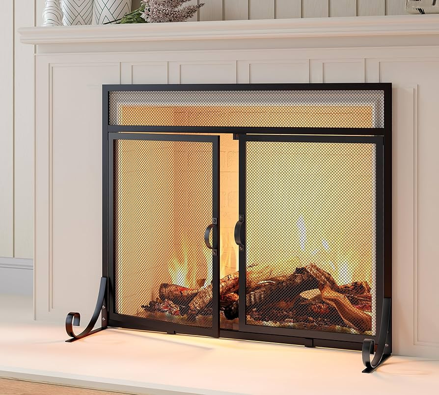 Flat Fireplace Screen with Doors,Solid Wrought Iron Frame with Metal Mesh, Flat Panel Decorative ... | Amazon (US)
