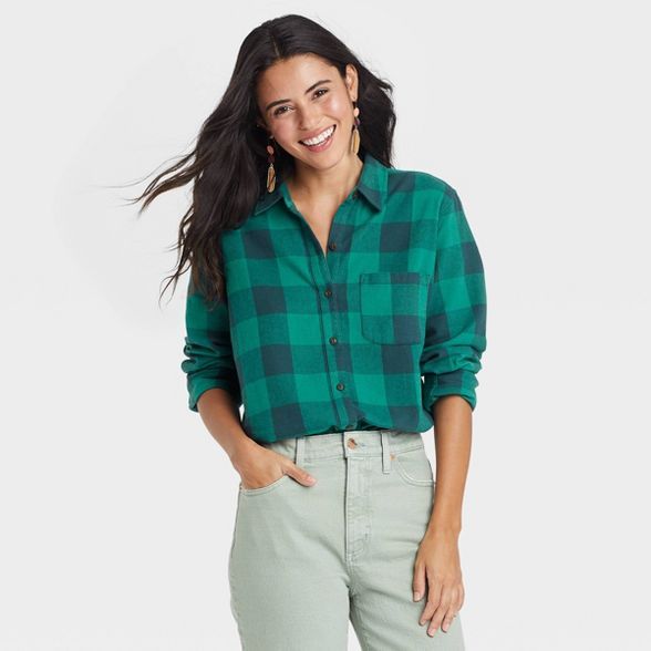 Women&#39;s Long Sleeve Flannel Button-Down Shirt - Universal Thread&#8482; Green Plaid XL | Target