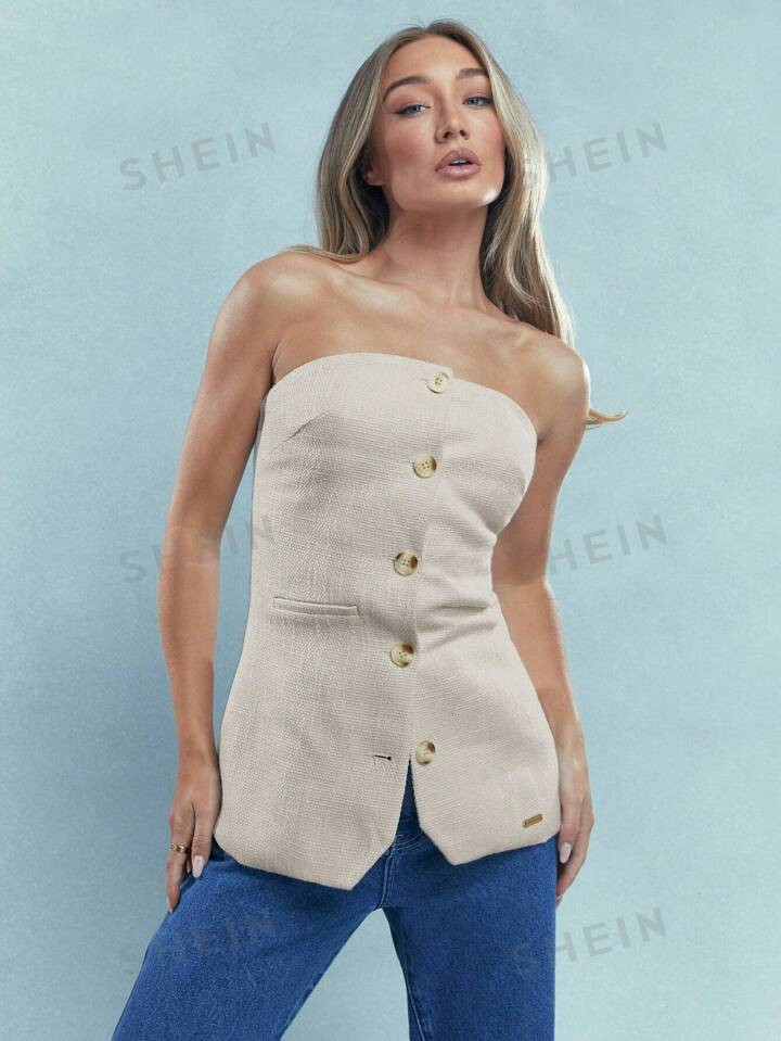 MISSGUIDED Textured Buttoned Bandeau Vest Top With Pocket Details | SHEIN