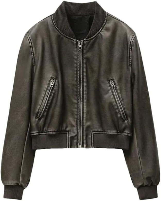 Women Washed Leather Jacket Stand Collar Gradient Zipper Short Outerwear Locomotive Chic Coat | Amazon (US)