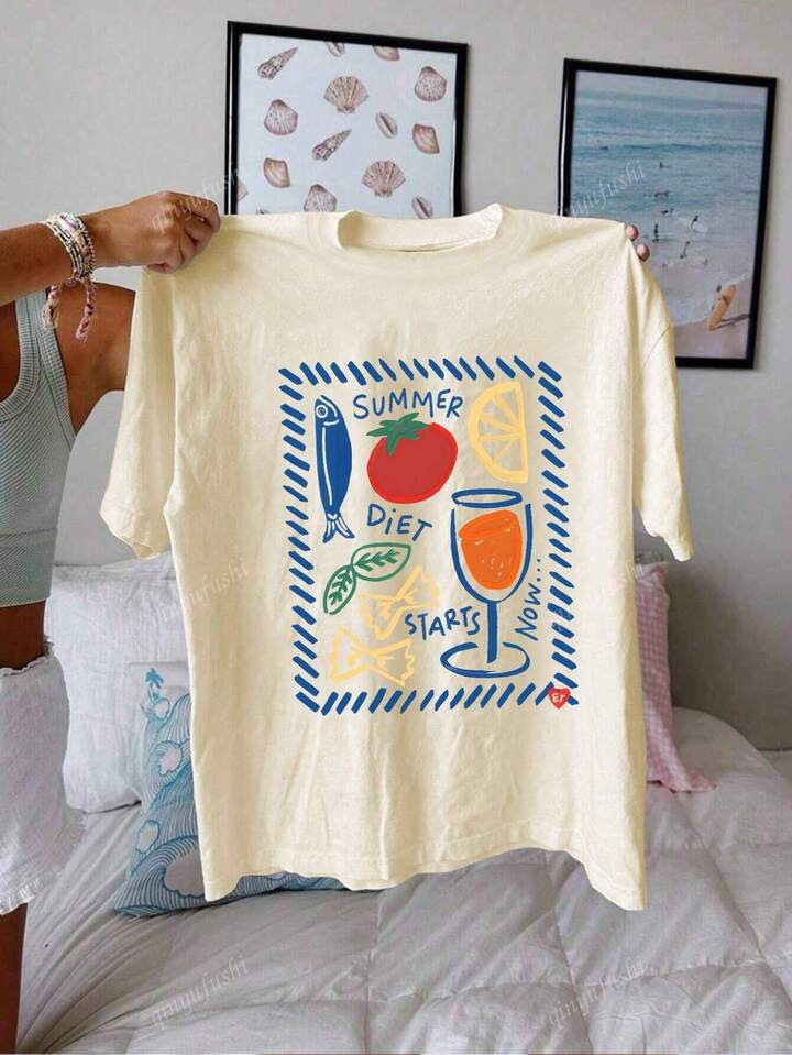 Women's Plus Size Casual Loose Doodle Cute Children's Interest Print Pattern Solid Color Short Sl... | SHEIN