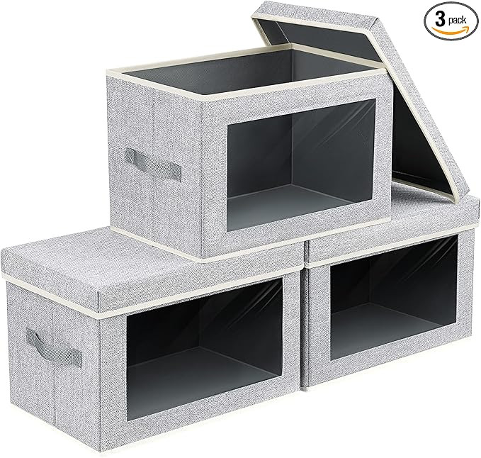 Fabric Storage Bins with Lids - 3 Packs Storage Cubes with Window, Foldable Storage Baskets Bins ... | Amazon (US)