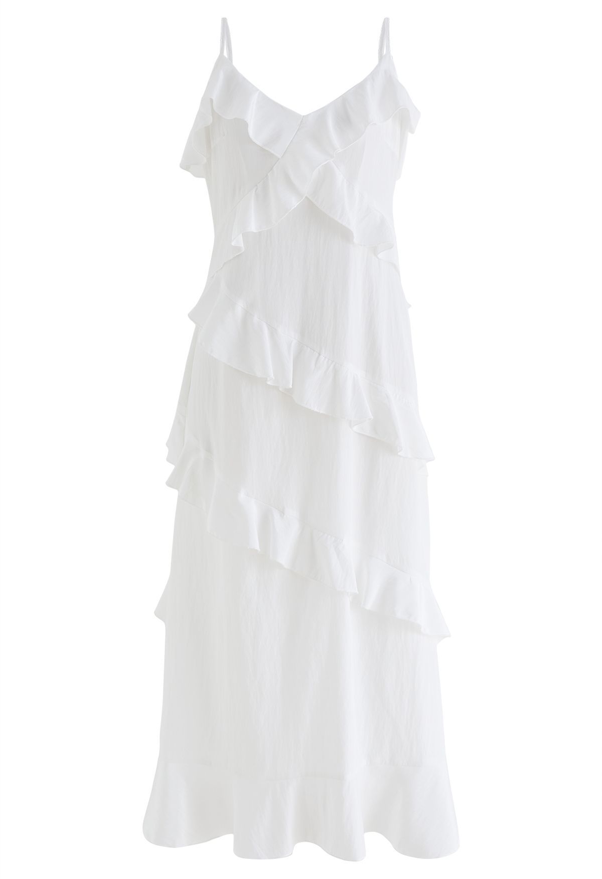 Side Slit Tiered Ruffle Cami Dress in White | Chicwish