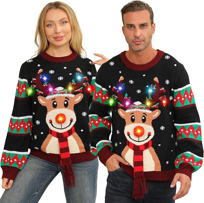 Ugly Christmas Sweater Women Men,Light Up Christmas Sweater for Couples,Funny Cute Reindeer LED X... | Amazon (US)