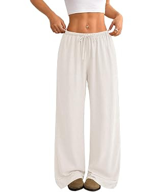 LOMON Pantalones de lino para mujer, estilo bohemio, pierna ancha, pantalones elásticos fluidos,... | Amazon (US)