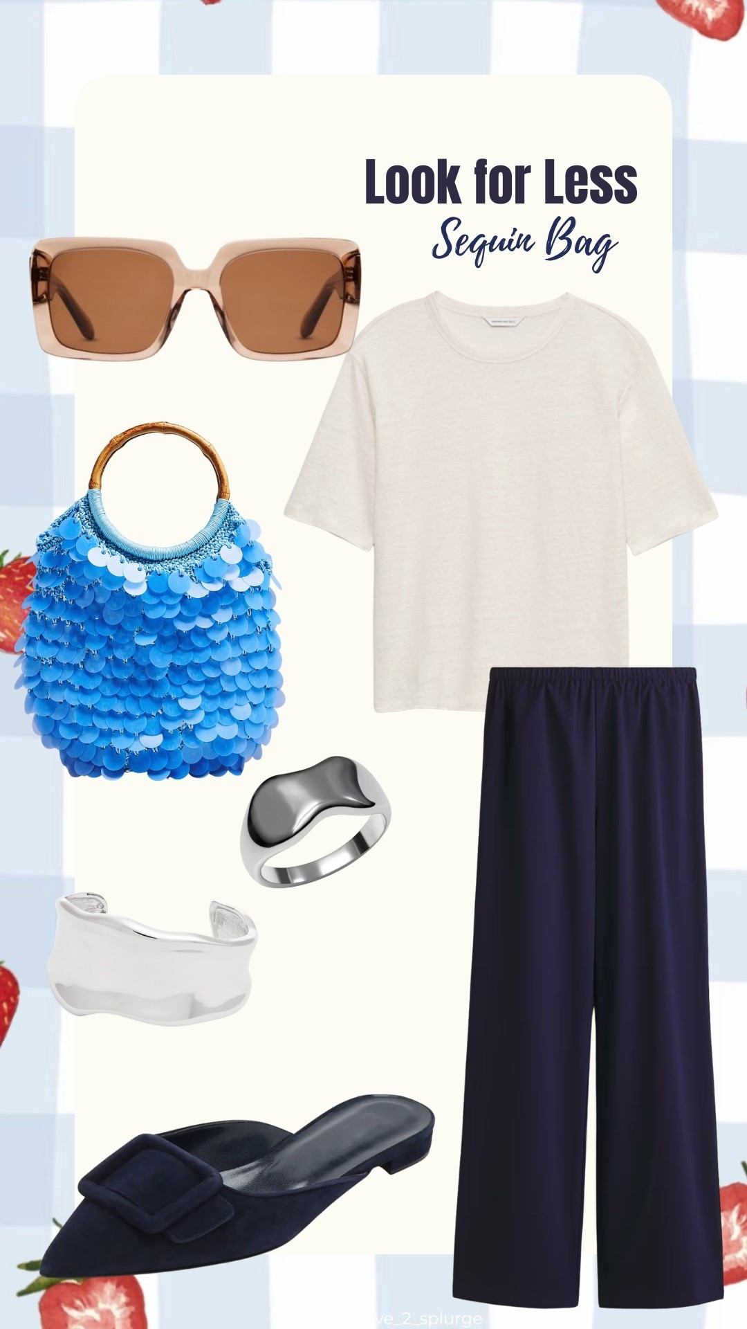 And if you like the look, but not the price, here’s this week’s look for less.

White Linen Tee: Banana Republic
Navy Blue Straight Leg Pants: H&M
Navy Blue Suede Buckle Slide On Flats: Amazon
Blue Sequin Handbag: Anthropologie
Wave Band Ring: Target
Silver Metal Cuff Bracelet: Nordstrom
Square Acetate Sunglasses: Quince

#LTKSeasonal #LTKootd #LTKOver40