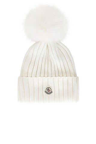 Moncler Faux Fur Beanie in White | FWRD | FWRD 