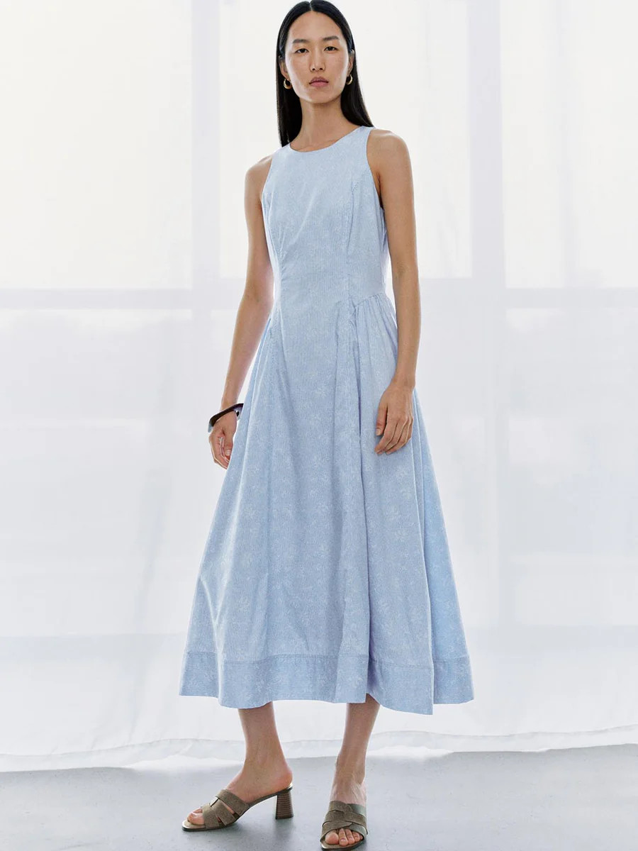 Printed Striped Sleeveless A-Line Midi Dresses | Urban Revivo
