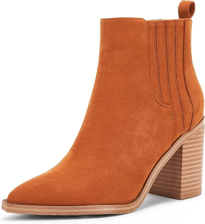 Womens Ankle Boots Slip on Pointed Toe Chunky Block Mid Heel Leather Elastic Panel Casual Chelsea... | Amazon (US)