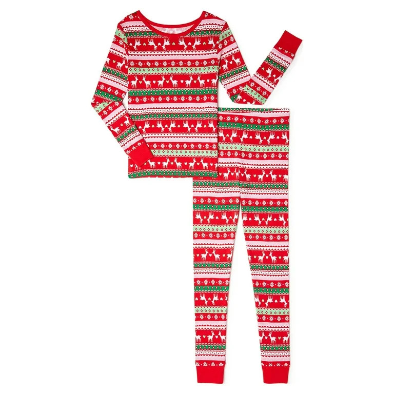 Holiday Time Girls Christmas Cotton Tight Fit Long Sleeve Shirt and Pants Pajama Set, 2-Piece, Si... | Walmart (US)
