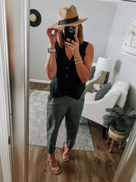 Black linen vest from Target styled with olive utility ankle pants with acrylic heels and fedora hat 

Date night outfit, spring outfit, summer outfit, concert outfit, target outfit, target finds, target style 

#LTKunder50 #LTKsalealert #LTKstyletip