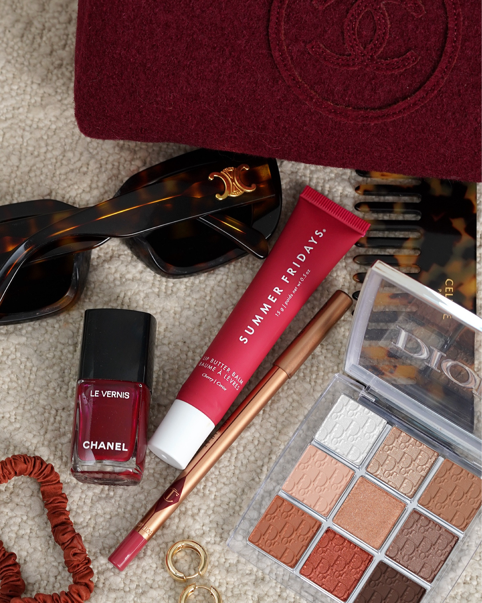 Summer Fridays Lip Butter Balm in Cherry

Celine Triomphe 04 Sunglasses
Chanel Le Vernis Emblematique
Charlotte Tilbury Lip Cheat 90s Pink
Mejuri Small Plush Hoops
Dior Backstage Nude Essentials

#LTKBeauty