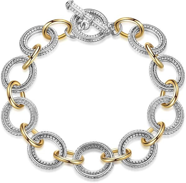 Mytys Chunky Chain Link Bracelet Two-Tone Mixed Metal Textured Toggle Clasp Statement Bangle Bracelet Jewelry for Women Fashion | Amazon (US)