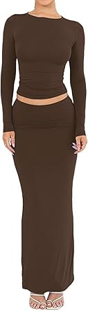 Lybiogs Two Piece Skirt Set for Women 2 PC Y2K Outfits Long Sleeve Tshirts Tops Bodycon High Wais... | Amazon (US)