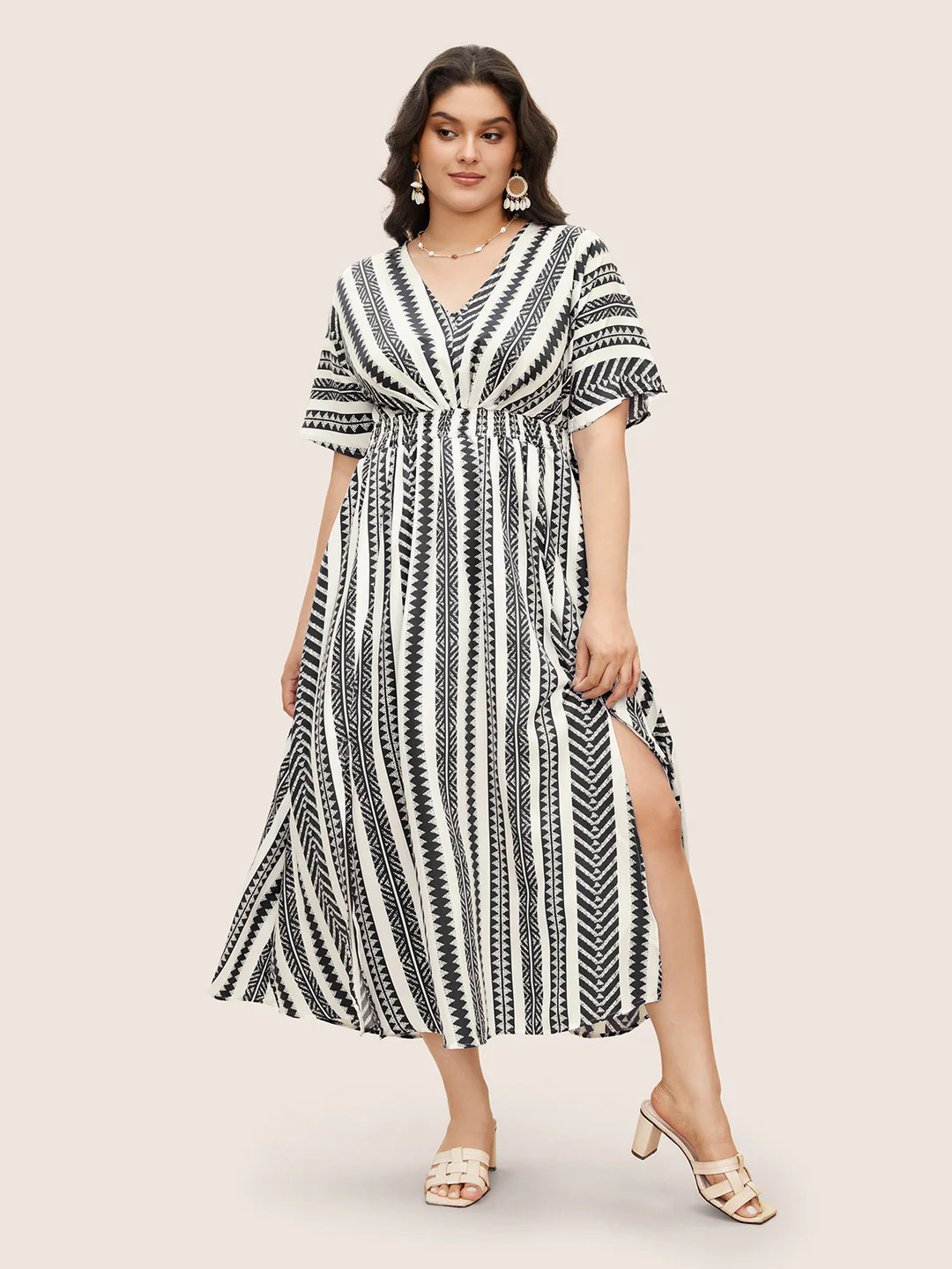 Solid Geometric Dolman Sleeve Pocket Shirred Split Hem Dress | Bloomchic