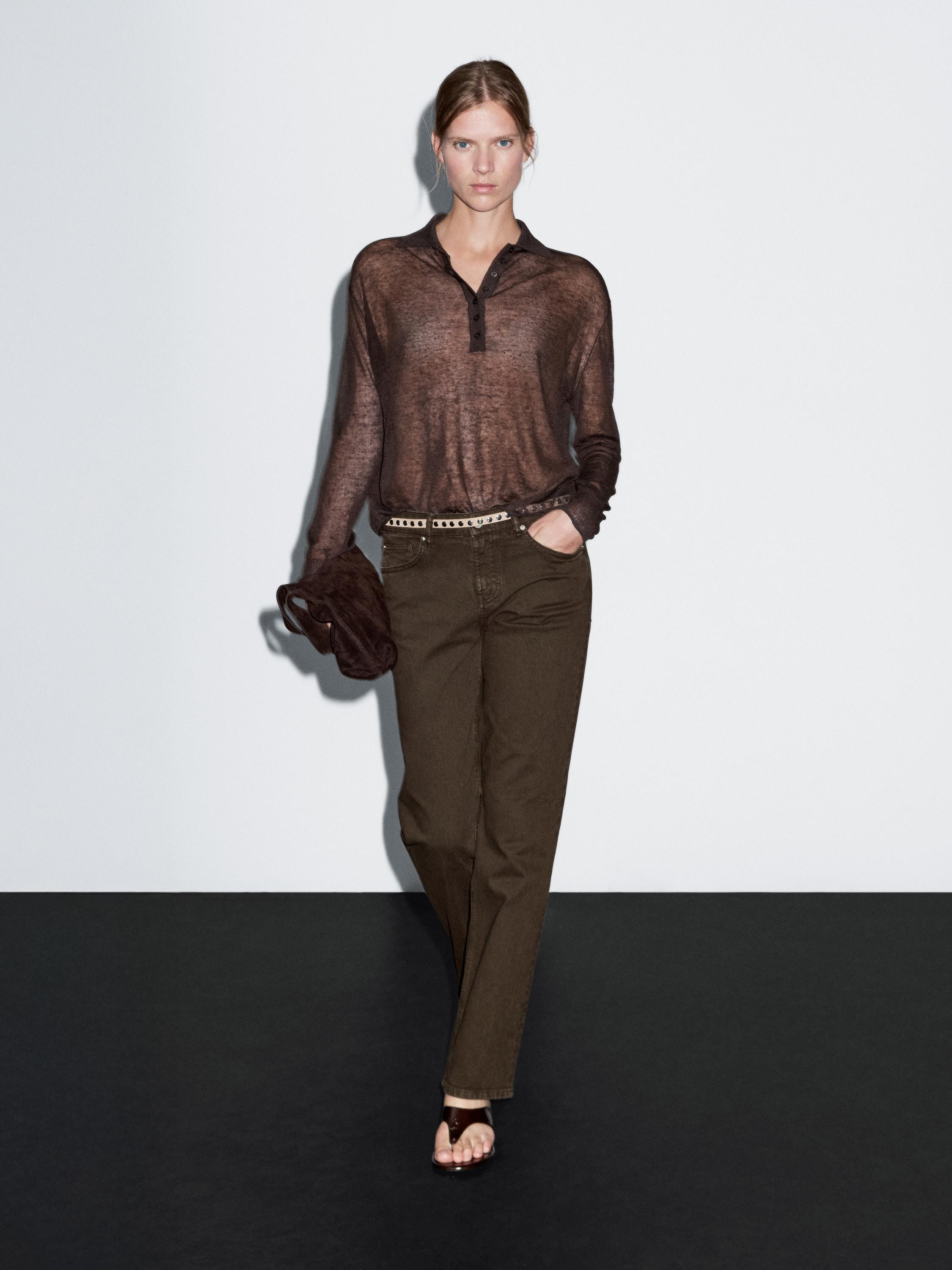 Straight-leg mid-waist denim-effect trousers | Massimo Dutti US