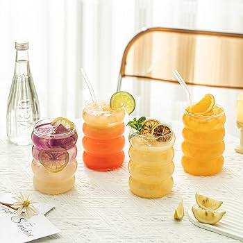 KEMORELA 16oz Wave Shape Beverage Glasses With Straws,Vintage Glass Cups Wine Mugs Set, Ripple Dr... | Amazon (US)