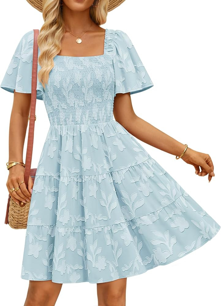 ZESICA Women's Summer Boho Floral Mini Dress 2026 Casual Short Sleeve Square Neck Swing Beach Vac... | Amazon (US)
