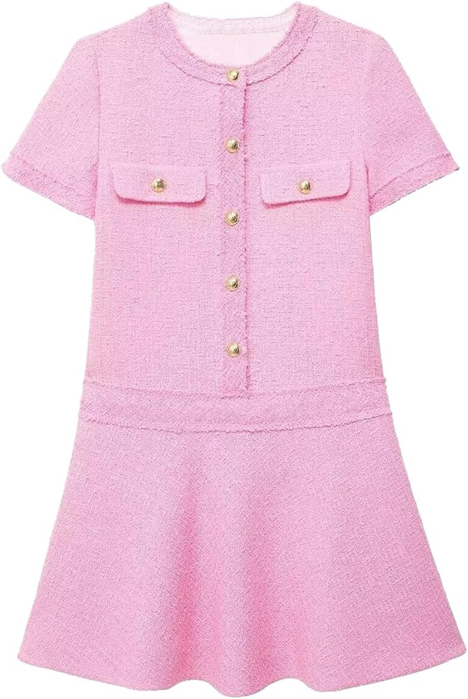 Xaspee Women's Short Sleeve Tweed Dress Crewneck Button Down Elegant Casual Textured Mini Dress w... | Amazon (US)