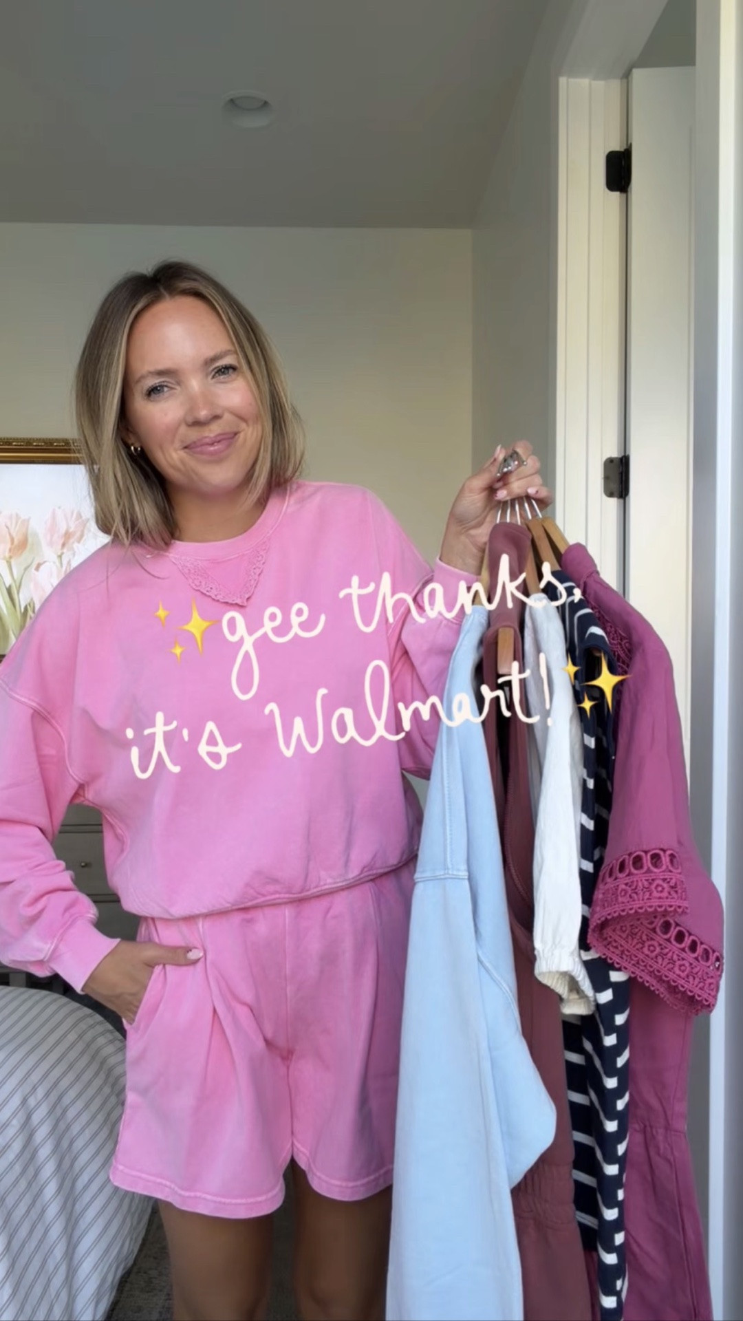 Walmart is on 🔥!

Wearing size 
Pink sweatshirt - S
Pink sweat shorts - XS
Blue sweatpants - XS 
Romper - XS
Striped tee - S
Jeans - 0
Denim shorts - 4 (I sized up!)
ScubaKnit romper - M