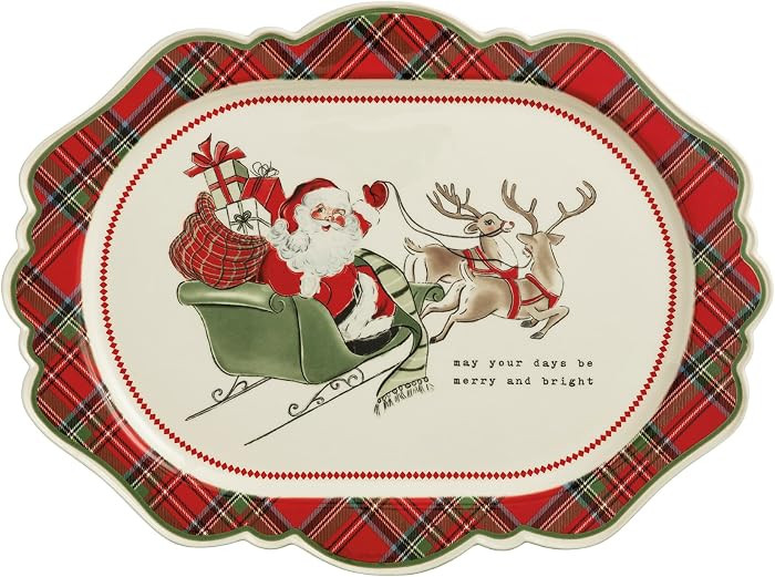Mud Pie Christmas Santa Sleigh Platter, Red Tartan Plaid Serving Platter | Amazon (US)