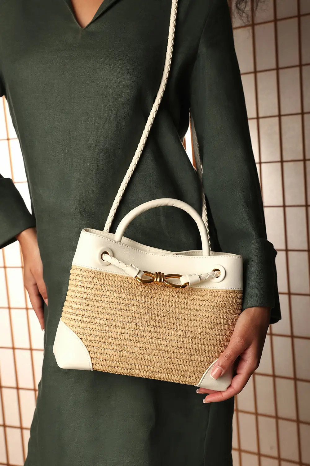 White Where's That From 'Luna' Woven Leather Tote Bag With Gold Detail | Debenhams | Debenhams UK