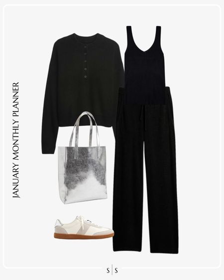 Monthly outfit planner: JANUARY: Winter looks | cashmere sweater, cashmere tank, cashmere lounge sweats, sneakers, metallic tote 

loungewear, casual outfit, weekend wear 

See the entire calendar on thesarahstories.com ✨ 

#LTKfitness #LTKstyletip