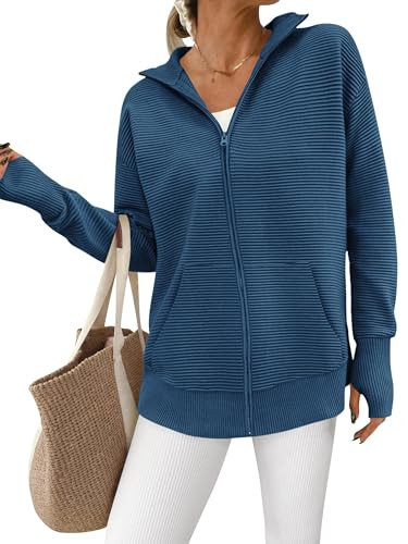 PRETTYGARDEN Womens Fall 2025 Long Sleeve Zip Up Cardigan Sweaters Casual Loose Collared Ribbed Knit Tops Jackets Thumb Hole(Dark Blue,Large) | Amazon (US)