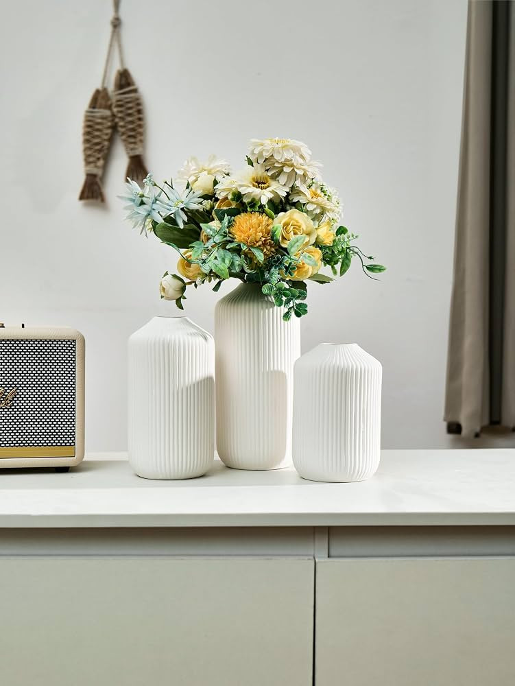 White Ceramic Vase,Boho Round Modern Table Flowers Vase, Nordic Minimalist Decor for Home, Office... | Amazon (US)