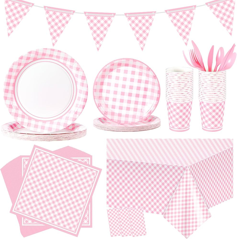 198 Pcs Gingham Party Supplies for 24 Guests Checkered Plaid Tablecloth Pennant Banner Plate Cup ... | Amazon (US)