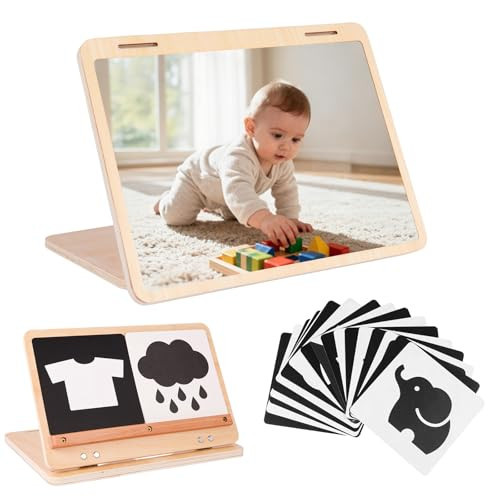 juhg Tummy Time Mirror Large Baby Mirror Toy and Card Display Stand with Black and White High Contrast Baby Cards Double-Sided Design Adjustable Angle Montessori Mirror | Amazon (US)