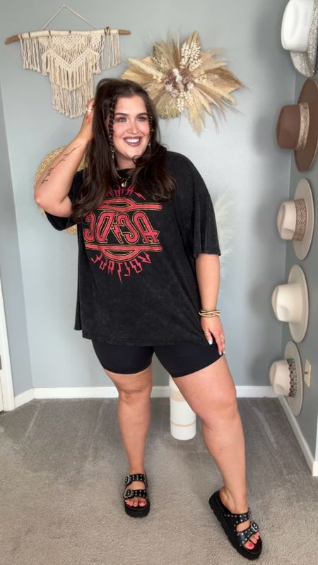 Casual OOTD 🖤⚡️🤘🏼 Mineral wash oversized graphic tee 2XL + biker shorts 1X. Sandals on sale at Target 🎯 Tried hair rings for the first time! Comes in variety pack of gold and silver 

#LTKstyletip #LTKplussize #LTKFestival